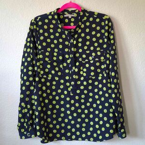 GAP Navy Blue Lime Green Twee Polka Dot Popover Blouse Tunic Shirt Womens M